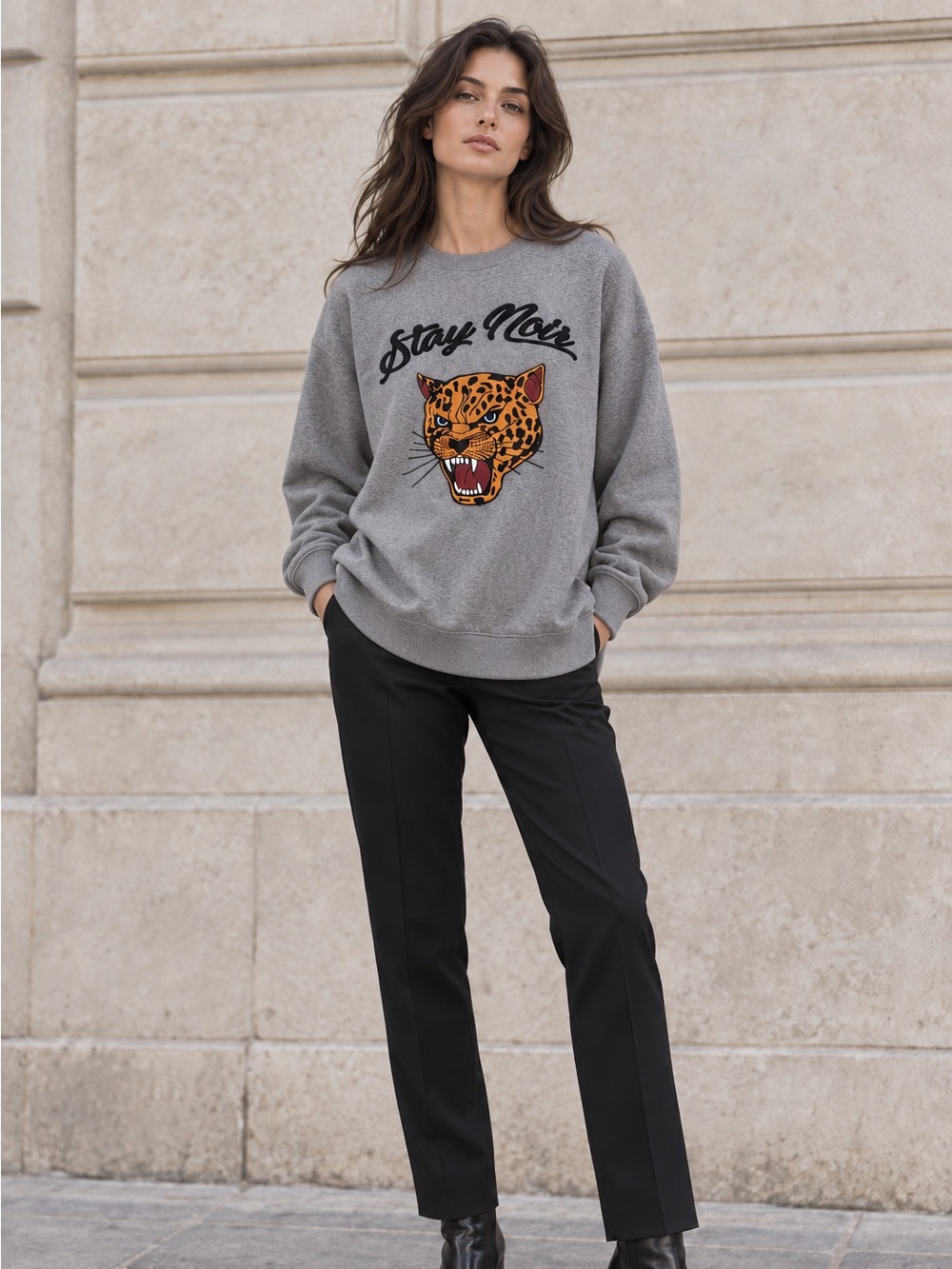 The Kooples Stay Noir Embroidered Leopard Sweatshirt – Grey L